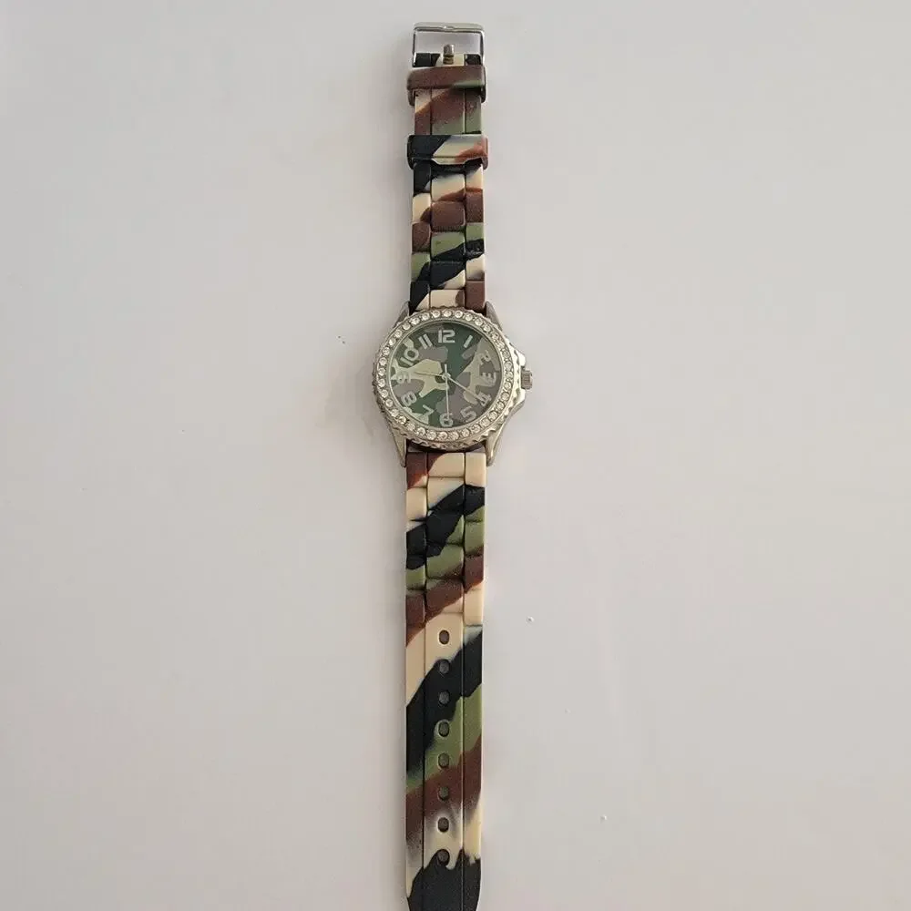 Geneva Womens Watch Green Dial 34mm Silver Case Multicolor Silicone Band
